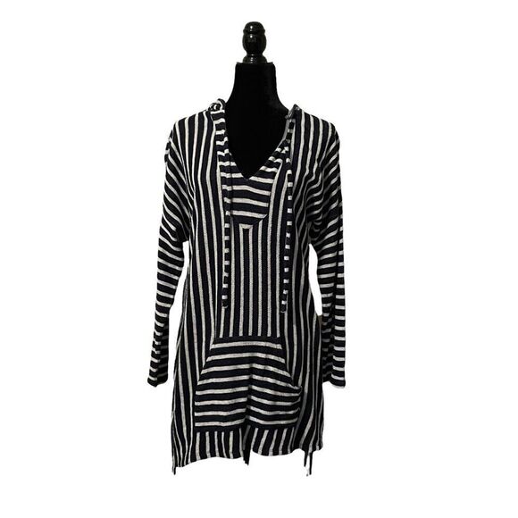 Soft Surroundings Navy & White Striped Tunic Length Hoodie - M - Picture 1 of 6
